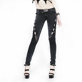 

New Punk Vintage Skull Long Jean Pants Gothic Printed Low Waist Skinny Pencil Pants Black Slim Fit Full Trousers