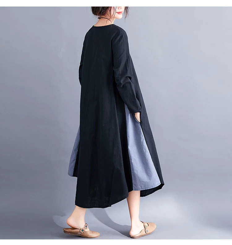 Dress Women Plus Size Patchwork Black Vintage Maxi Dress Long Sleeve 2019 Elegant O-neck Cotton Linen Dress Woman Robe Femme 1