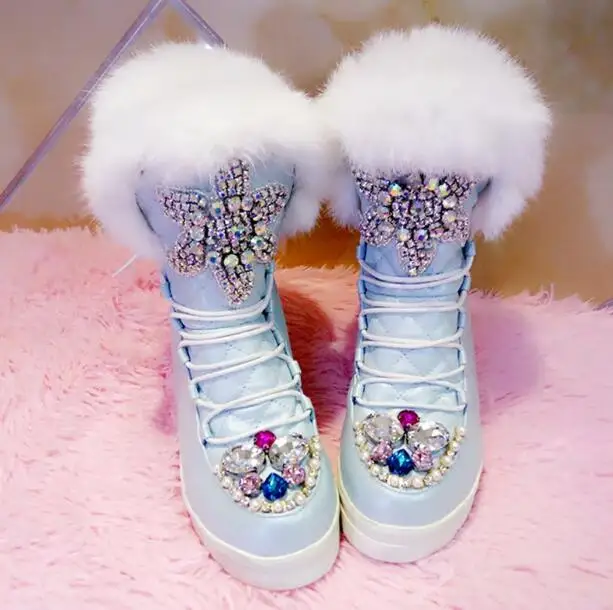 Роскошные женские зимние ботинки ручной работы на плоской подошве, украшенные стразами и кристаллами, австралийские теплые ботинки с высоким берцем на толстой рифленой подошве