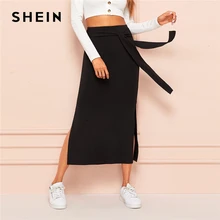 SHEIN Tie Waist Split Side Solid Skirt Black Full Length Knot Spring Autumn Shift High Waist Straight Sexy Skirt