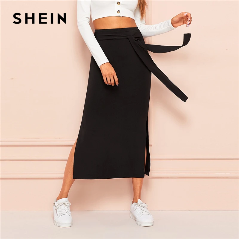 Однотонная черная юбка SHEIN с завязками на талии и разрезом по бокам длинная