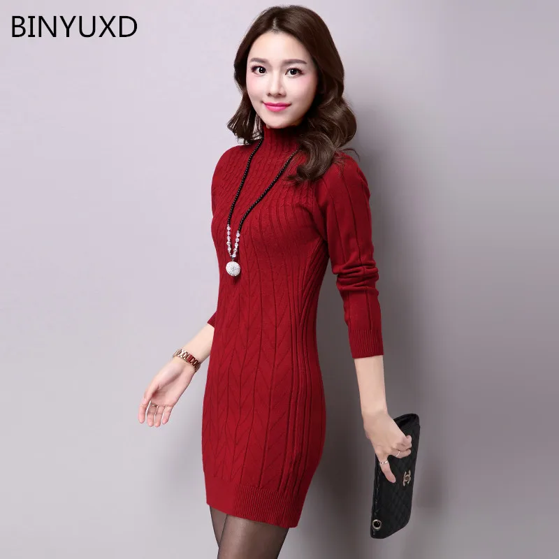 Mince bourgogne Longues Femmes Roulé Festa À Tricoté Picture Pull Nouveau the Binyuxd Manches gris kaki Automne Chaud Sexy Col Noir Color Hiver Robes Épais Robe l1Jc3TFK
