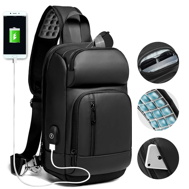 NIGEER Black Chest Pack Men Casual Shoulder Crossbody Bag USB Charging