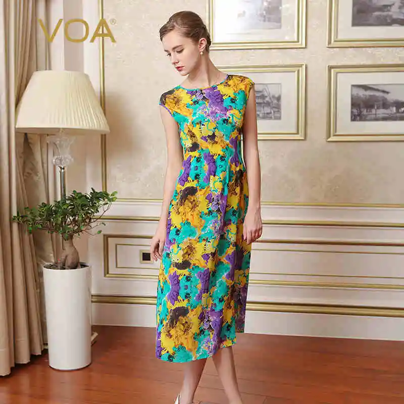 

VOA 2018 Spring Summer Plus Size Multicolor Boho Print Slim Dress Silk Women Sweet Cute High Waist Casual Long Dress A7268