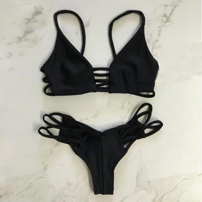 

2018 Bikini Black Solid Color Basic Women Sexy Bikinis Mujer Brasileno With Thong Two Piece Swimsuit Beach Wear