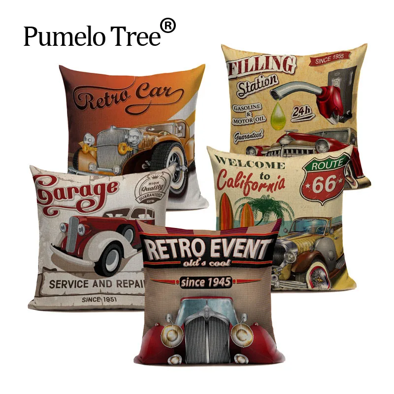 

Nordic Decoration Home Cushion Cover Vintage Cars Pillows Car Travel Trip English Letters Sofa Decor Beige Linen Pillow Cases