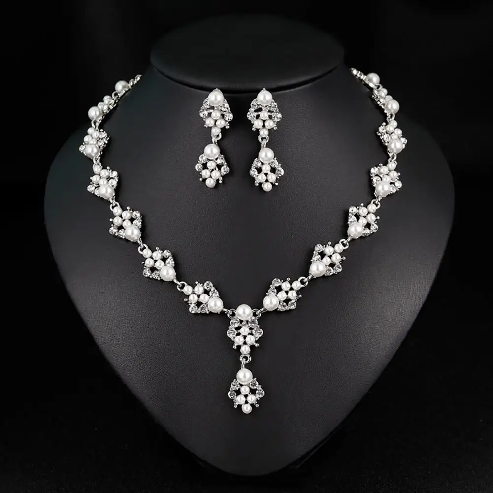 Rhinestone Faux Pearl Necklace Stud Earrings Women Bride Wedding Jewelry Set