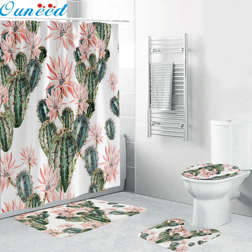 

Ouneed Cactus pattern Waterproof Bathroom Shower Curtains 4PCS set Non Slip plant print Toilet Polyester Cover Mat Set drop ship