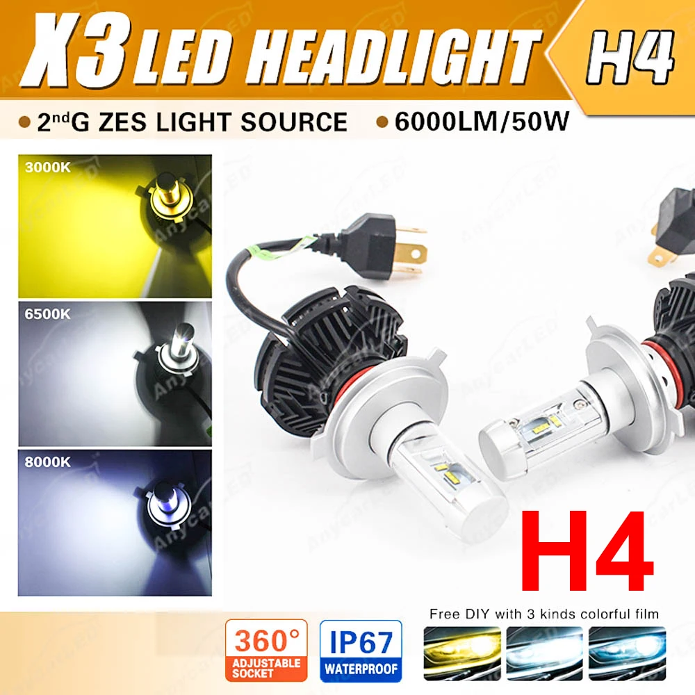 

1 Set H4 HB2 9003 50W 6000LM X3 LED Headlight LUMILED 2nd ZES Chips 20SMD Fanless All-in-one DIY 3K 6.5K 8K Film H/L Bulb Lamps