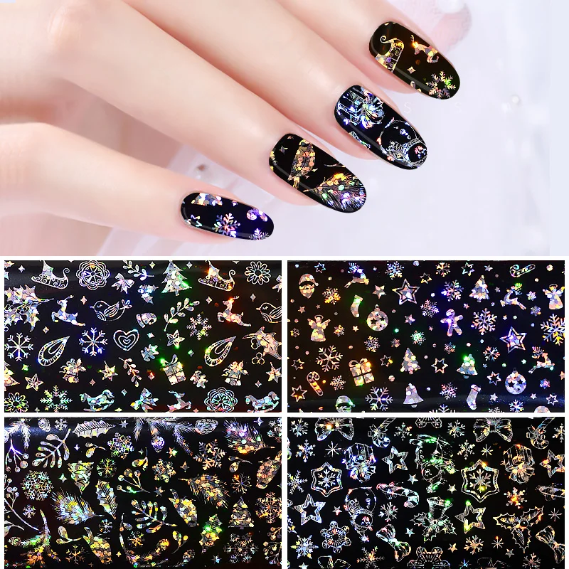 

CONTIGO 4pcs Stickers on Nails Star Laser Nail Transfer Foil 4*60cm Christmas DIY Manicure Decals Sticker Colorful Designs