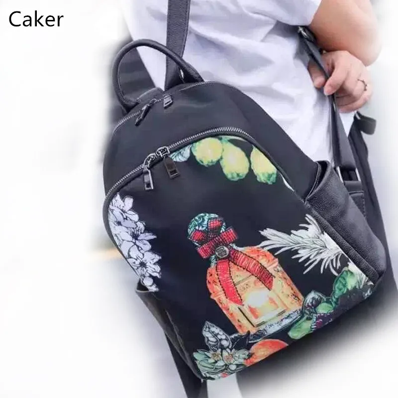 Caker Women Genuine Leather Blue Large Backpacks Female Waterproof Oxford Cartoon Printing School Bags For Teenagers