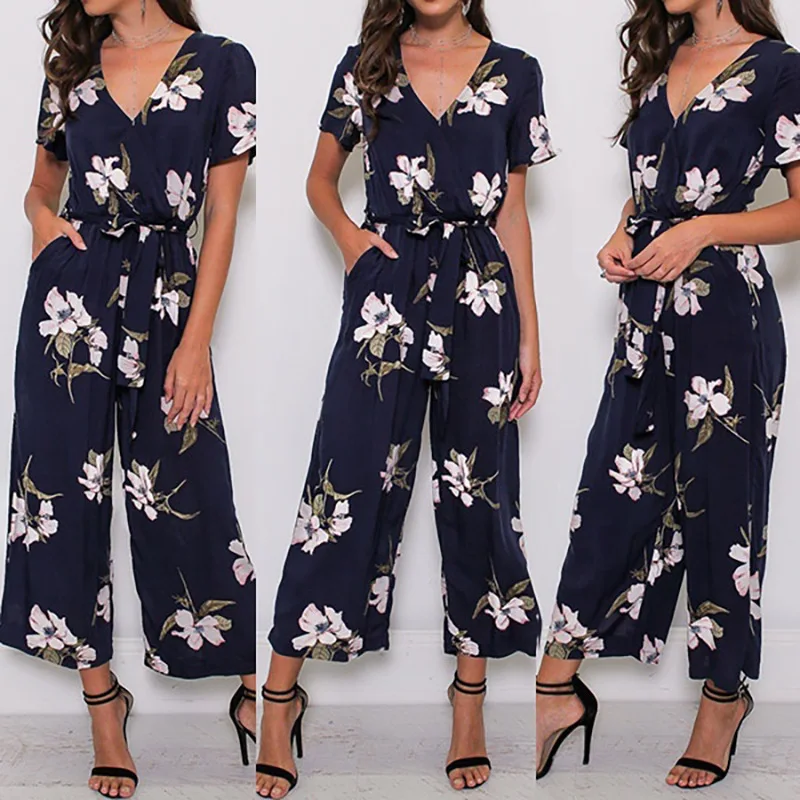 

New Trendy Women Clothes Summer Party Flower Print Jumpsuit Short Sleeve Polyester V-neck Romper
