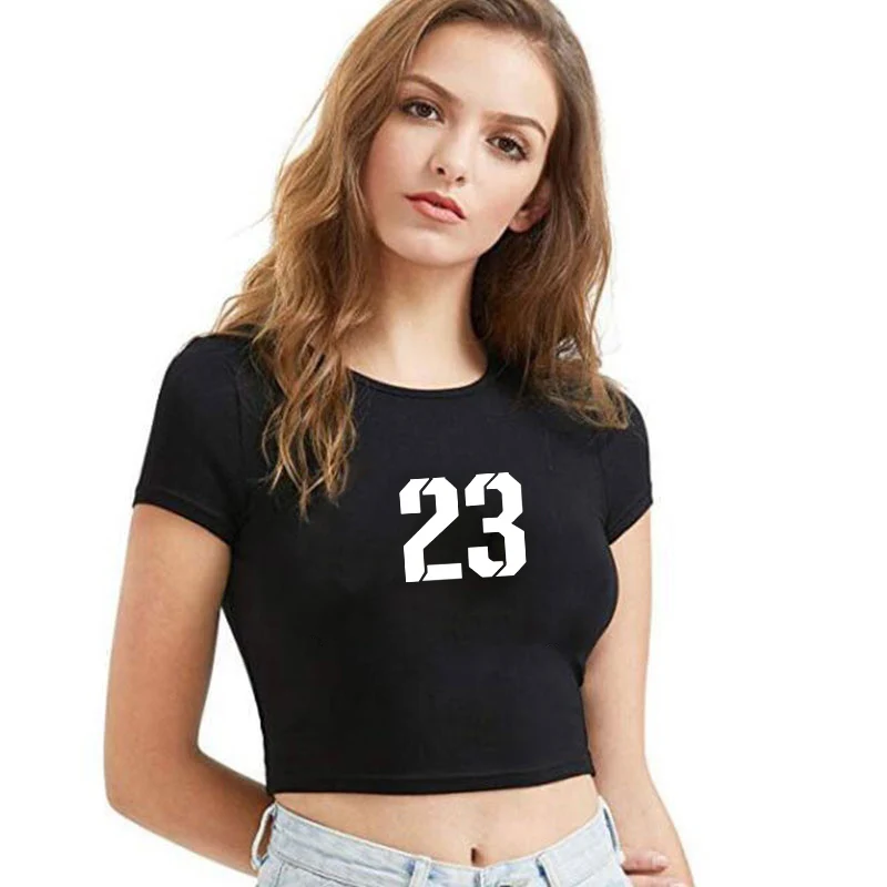 

Sport Women T-shirts Number 23 Printing Tops Short Sleeve Sexy Short Type Fitness Running T-Shirt