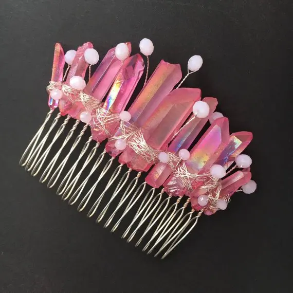 

Pink Crystal Quartz Comb Mermaid Crown Rave Headpiece Hair Clip Mini Tiara Pink Decorative Hair Comb Crystal Quartz Crown Comb