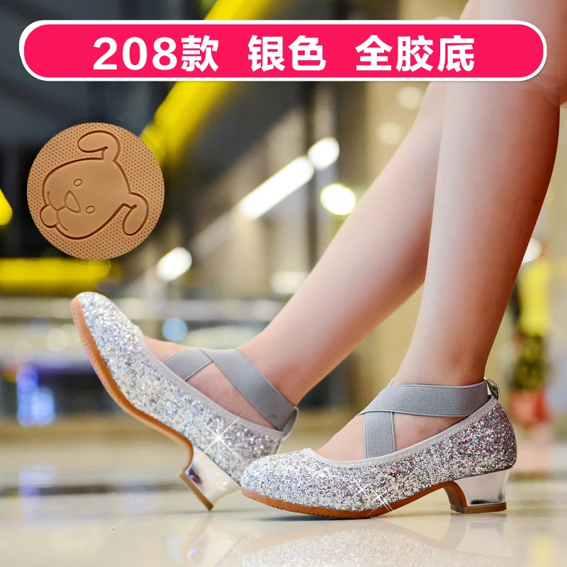 Модная обувь для латинских танцев для девочек; детские сандалии с блестками; Высококачественная детская обувь; Свадебная обувь на высоком каблуке для девочек; детская обувь - Цвет: silvery