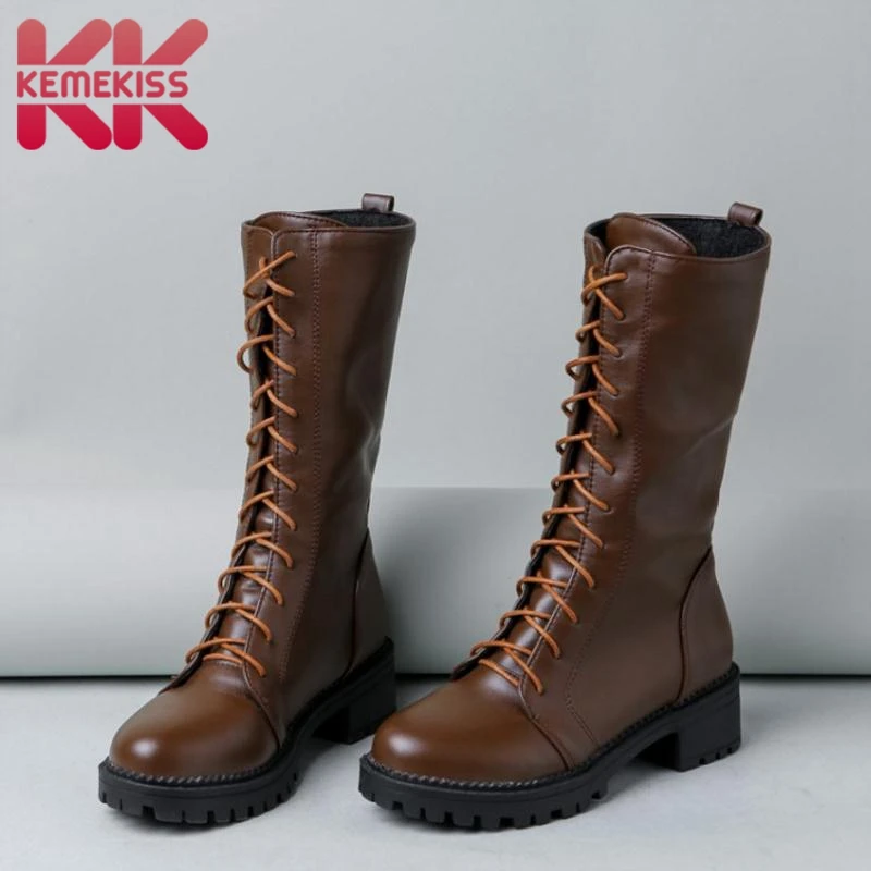 

KemeKiss Women Motorcycle High Heels Boots Lace Up Platform Shoes Women Winter Warm Fur Mid Calf Boots Punk Shoes Size 34-43