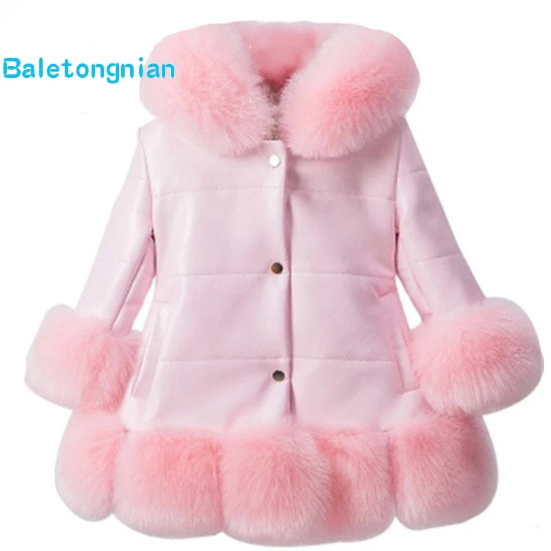 

Kids Girl's PU Leather Patchwork Fox Faux Fur Collar Jacket Coat Down Parkas Thicken Coat Princess Winter Outerwear Fur Coat J97
