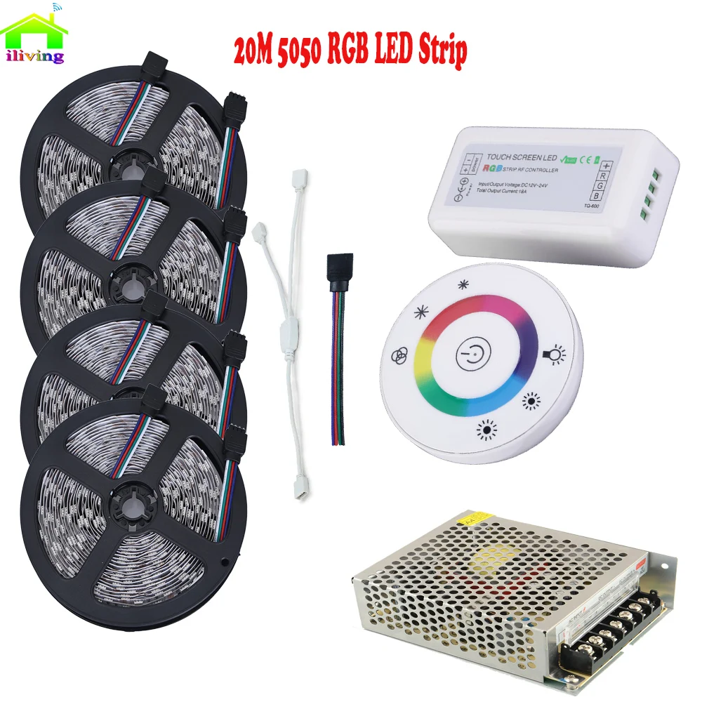 

10M 15M 20M 5050 60LED/M RGB IP Strip Light With Wireless LED 12V Dimmable Controller RF Touch Remote AC 110V/220V Driver