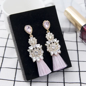 

New Silver Needle Pink Blue Tassel Fringe Drop Earrings Luxury Crystal Rhinestone Statement Jewelry for Women 6A3014