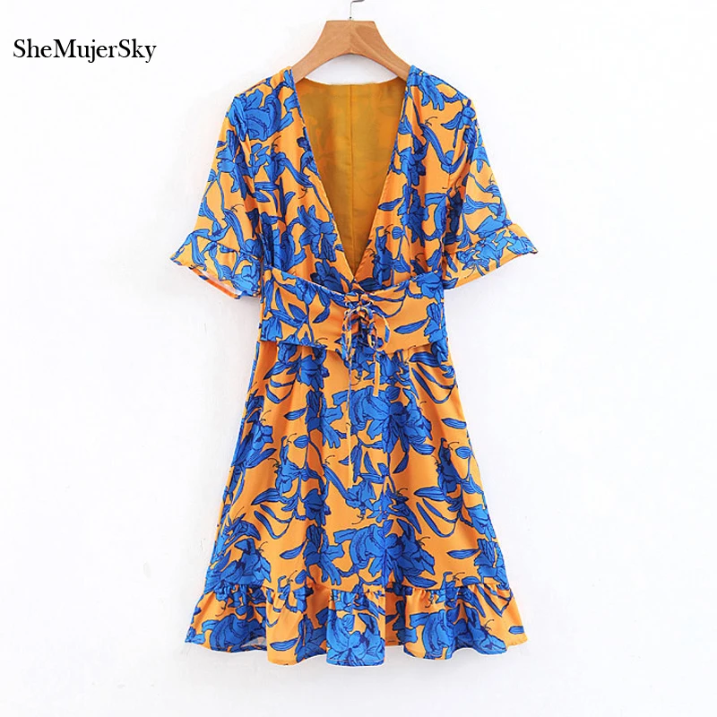 

Shemujersky Printed Dress Women Empire Tunic Deep V Neck Clubwear Clothes Sexy Dresses
