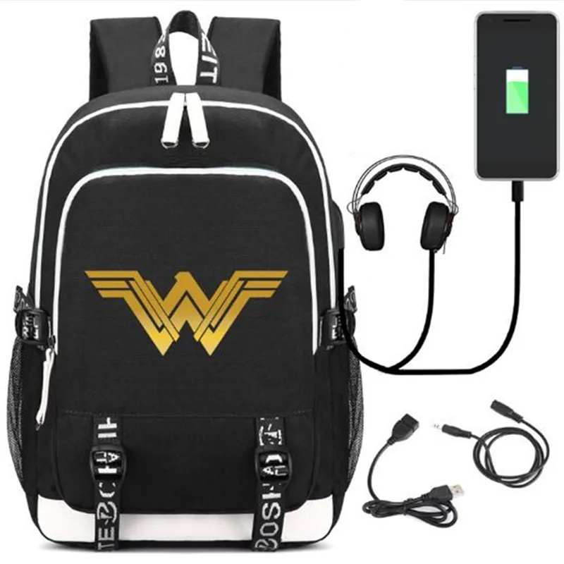 

Wonder Woman Super Hero Backpack Rucksack Bag w/ USB Fashion Port / Lock /Headphone interface Students School Book Laptop Bag