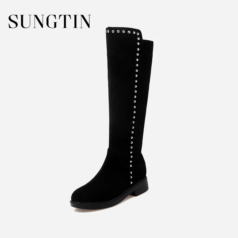 

Sungtin High Quality Suede Knee-High Boots Women Sexy Rivet Moto Riding Boots Black Lady Casual Round Toe Low Heel Long Boots