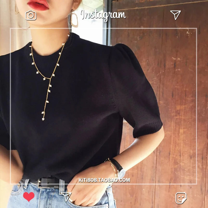 

Recommend Cool Fashion Black Knitted T Shirt Women Top Puff Sleeve Tee Shirt Femme Chemisier Camiseta Feminina Camisa Mujer