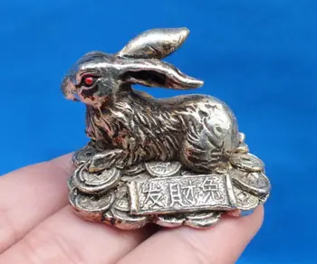 

Elaborate Chinese Tibetan Silver Carved fortune rabbit statue