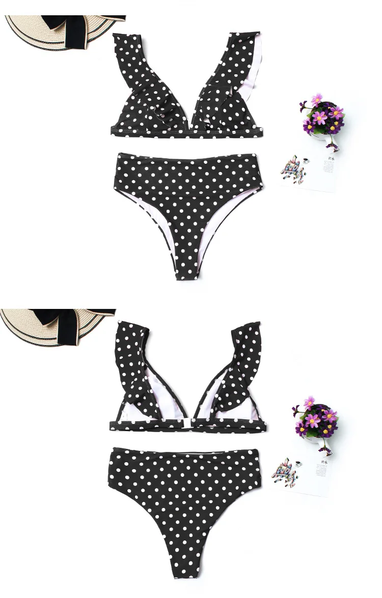 Sexy Floral Ruffle Hem Sling Deep-V Bikini Women Swimwear Push Up Swimsuit Bathing Suit Polka Dot Biquinis Summer Beachwear