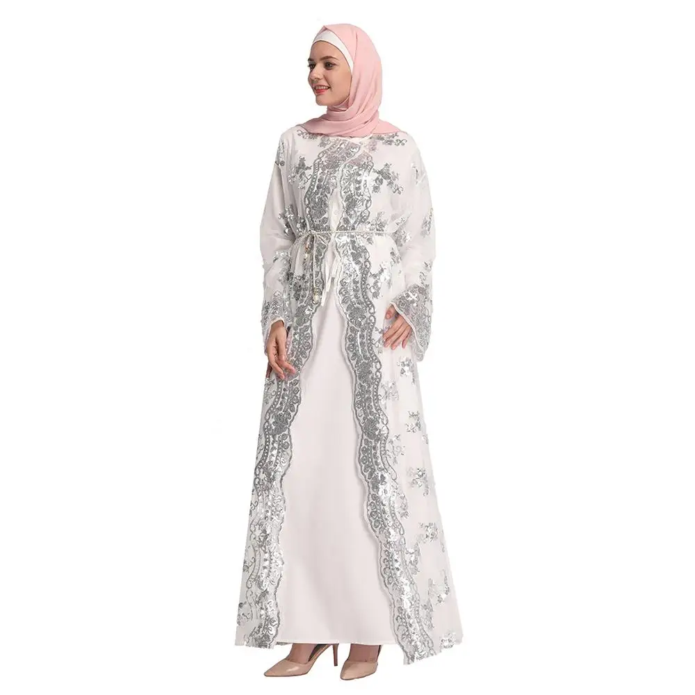 Роскошные высокого класса блестками Дубайский мусульманский Для женщин хиджаб исламский платье "Рамадан" открытый кардиган новые летние