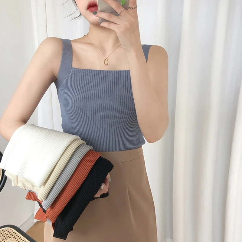 

Spring Female Sexy Knit Solid Color Sweaters Vest Harness Short Style Sweater Summer Sleeveless Women Slim Blouse