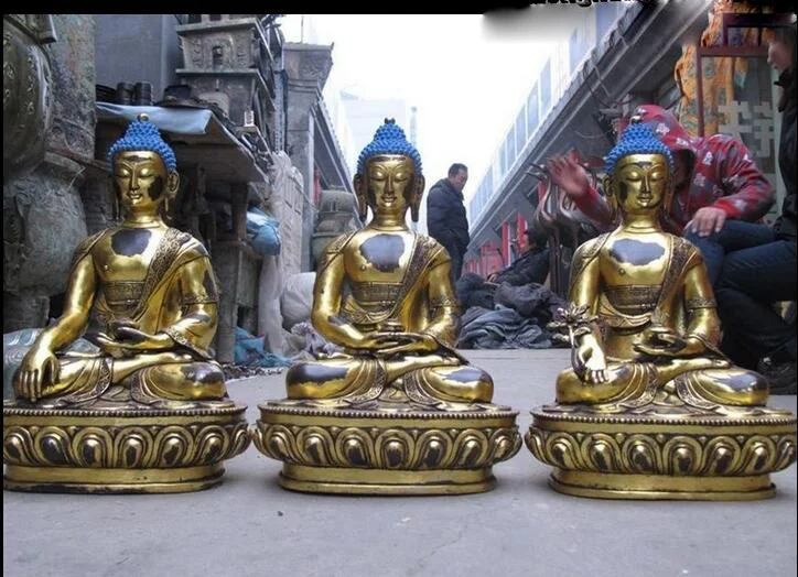 

19"Tibet Buddhism Temple Bronze Gild three Sakyamuni Ru Lai Buddha statue set