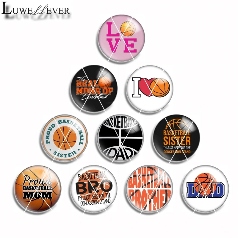 

10mm 12mm 14mm 16mm 20mm 25mm 442 10pcs/lot Basketball Mix Round Glass Cabochon Jewelry Finding 18mm Snap Button Charm Bracelet