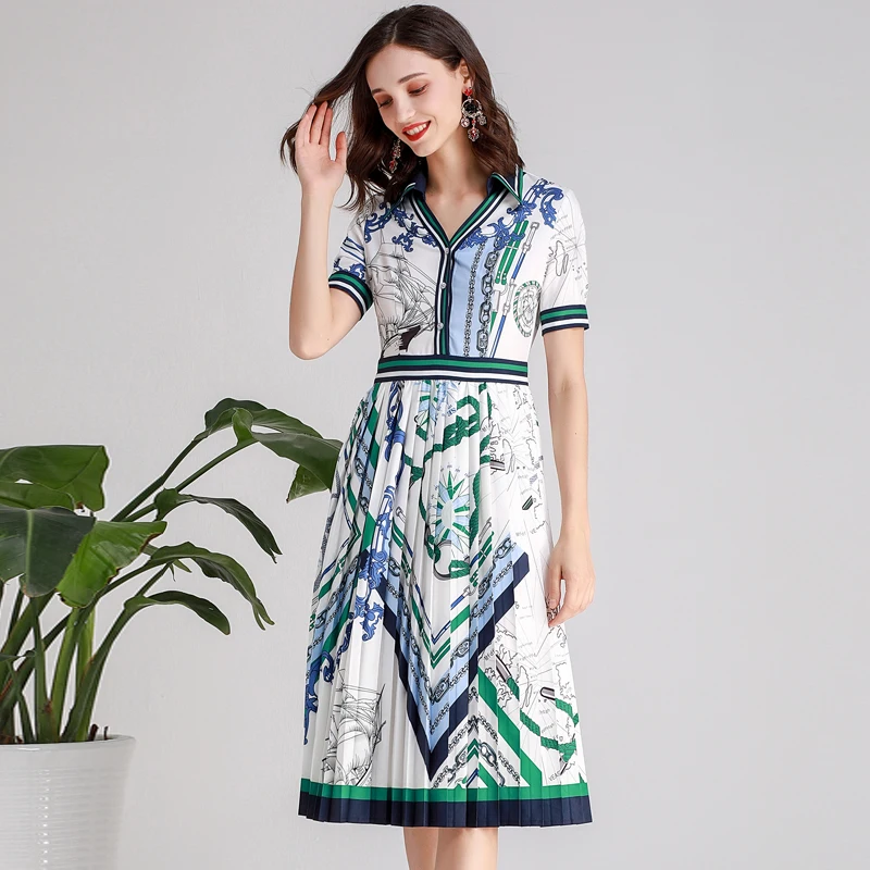 

Red RoosaRosee Runway Designer Summer Vintage Print Short Knee-length Pleated Dress Women Elegant Party Vestidos Robe Femme New
