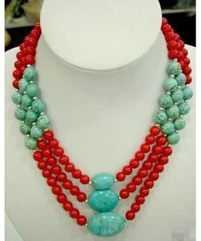 

new Handmade Beautiful 3 Row Red Coral & Turquoise Necklace