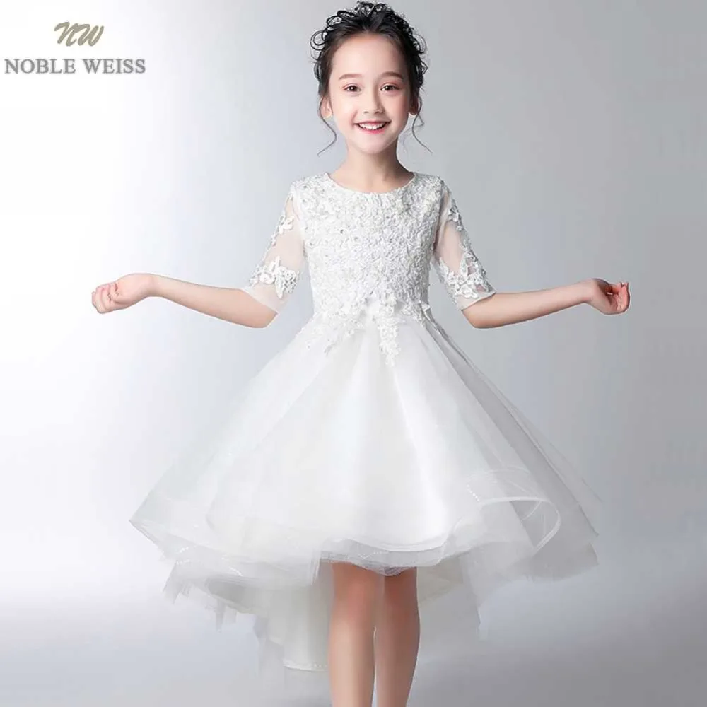 

NOBLE WEISS Tulle Pageant Dresses for girls O-Neck Tea-Length High Quality Lace Beading Flower Girl Dress With Half Sleeves