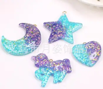 

wholesale kawaii Flat back resin Glitter Angel wings,stars,moon,unicorn Bright Necklace Keychain Pendant DIY Findings