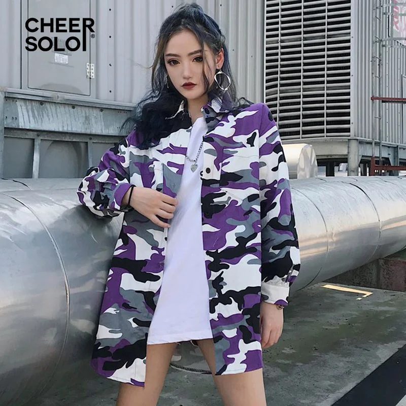 

CheerSolo Cotton Camouflage Long Sleeve Shirt Plus Size Women Tops And Blouses Purple Green Shirt Camo High Low Shirt Autumn