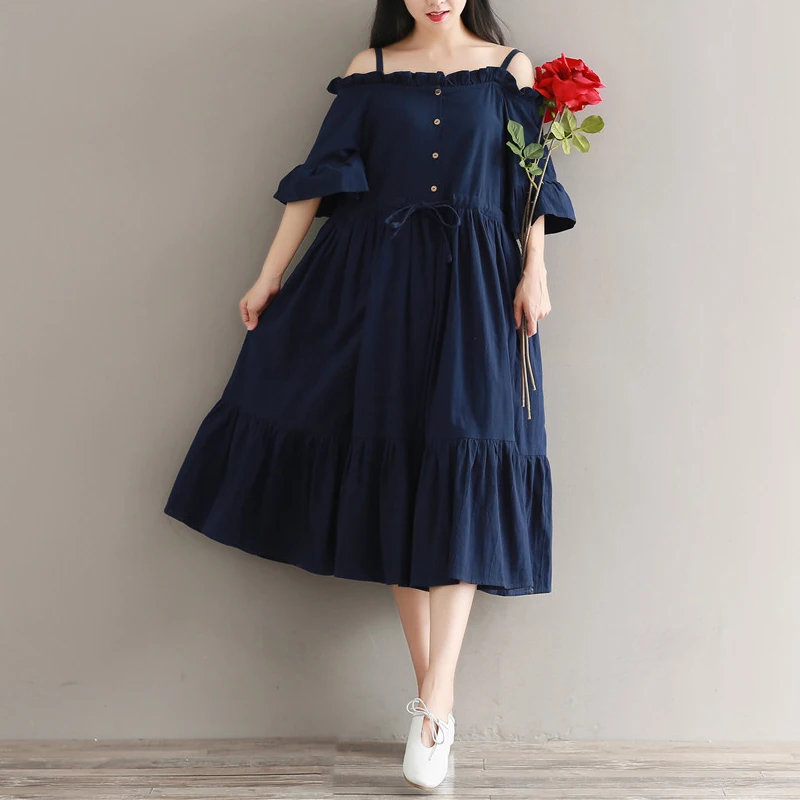 

Mori Girl Sweet Cotton Dress Ruffles 2018 New Summer Dress Women Off-The-Shoulder Navy Blue Loose Vestidos