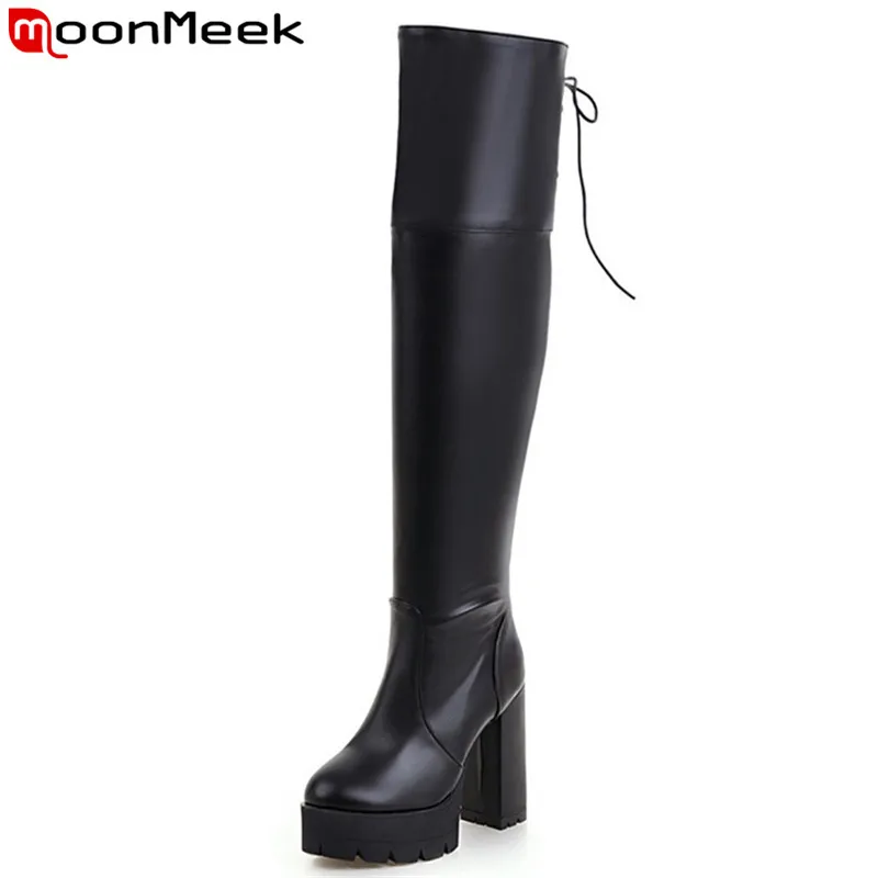 

MoonMeek 2020 hot sale new arrive women boots fashion black white ladies boots simple zipper over the knee boots big size 34-43