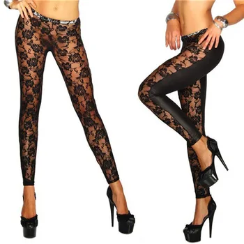 

1Pcs Hot Sale Women Black Rose Floral Lace Faux Leather Leggings Pants Sexy Girls Leggings Gifts Wholesale