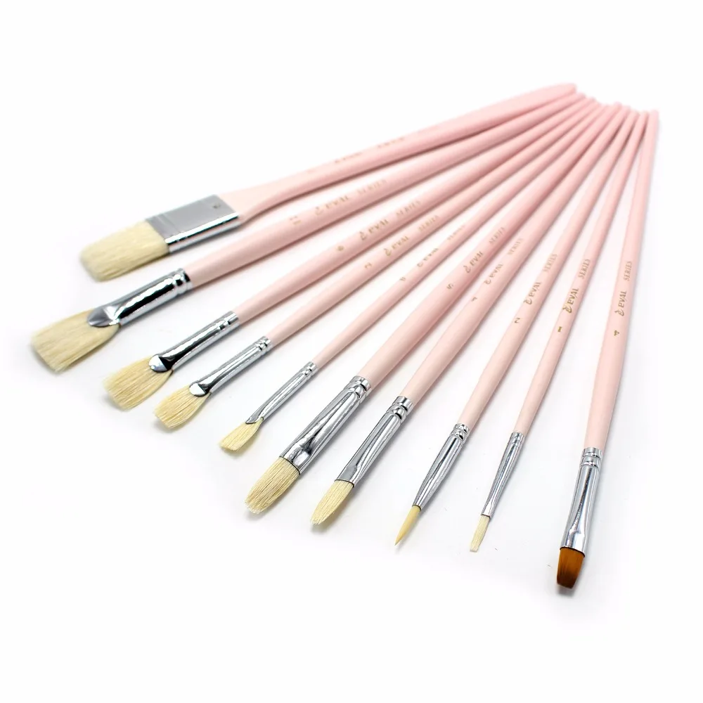 Beste Eval 10 stks Lange Handvat Kunstenaar Nylon Varkenshaar Haar Roze Kwast Set Voor Acryl Aquarel Schilderij Tekening Art Tool levert