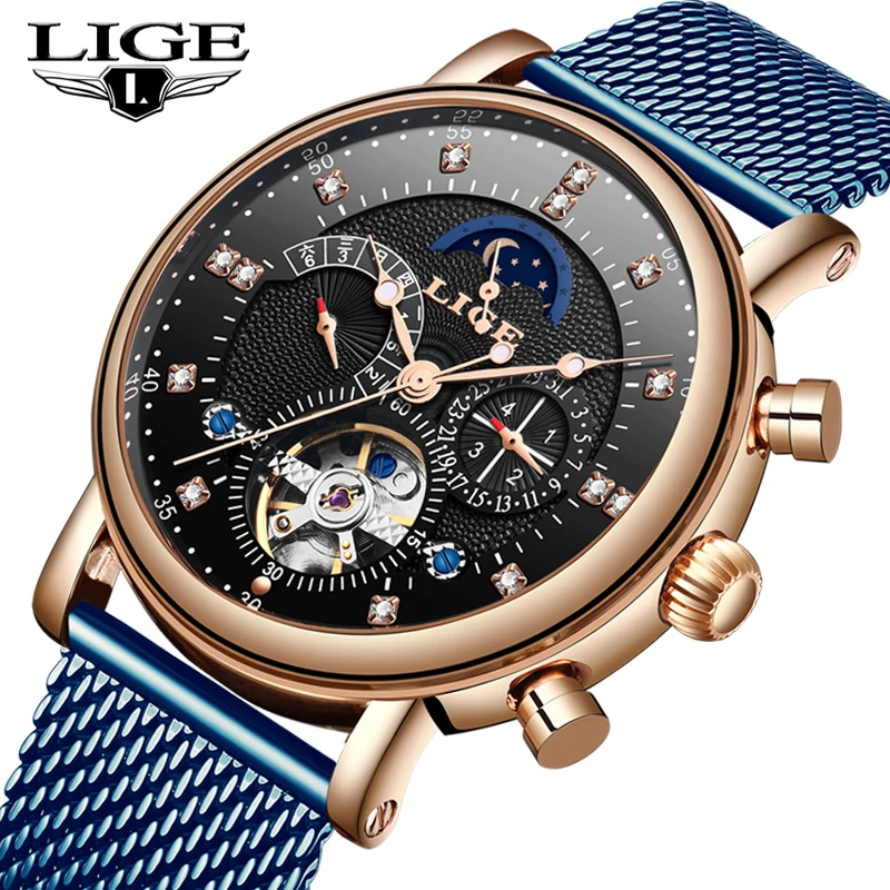 

LIGE Mens Watches Tourbillon Fashion Sport Automatic Watch Men Net with Moon Phase Waterproof Mechanical Watch Relogio Masculino