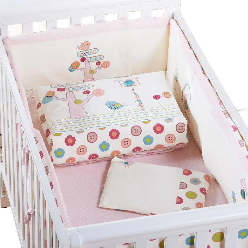 100 Cotton Pink Crib Bedding Set Tweet Street Detachable Cot Bedding