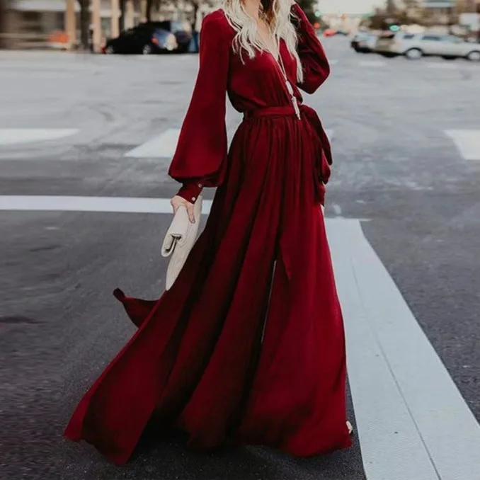 

2019 Women Long Dress V-neck Long Sleeve Belted Chiffon Maxi Dress Summer Dress Boho Style Beach Dress Vestidos De Fiesta Robe