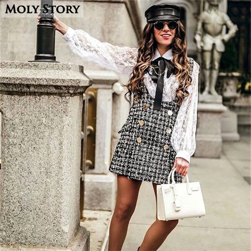 

Streetwear Double Button Overall Skirts Women Retro Waffle Black Plaid Mini Skirt Robe Hiver