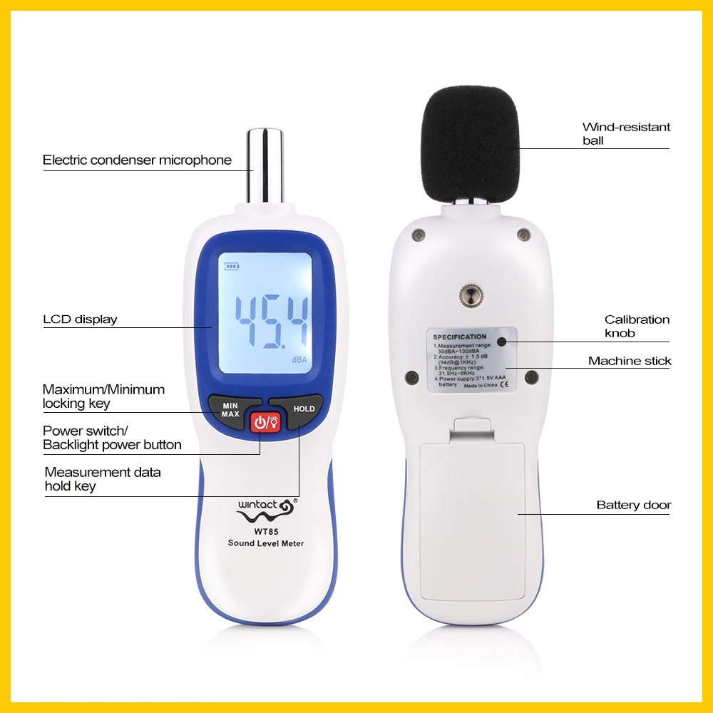 WINTACT WT85  Mini Sound Level Meters Digital Noise Decibel  Noise Audio detector Digital Diagnostic-tool 30~130db 4