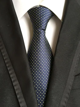 

8cm New Traditional Tie Top Quality Woven Necktie Navy Blue with Green Dots