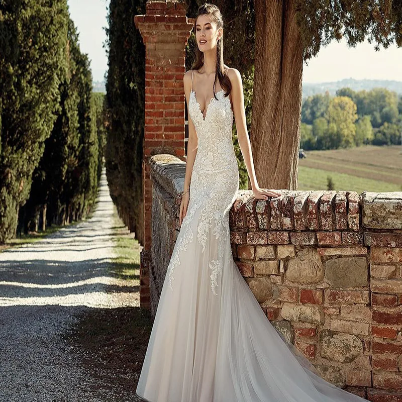 

Cheap Vestido de Novia 2019 Sexy Spaghetti Strap Lace Mermaid Bohemian Wedding Dress Custom Made Boho Beach Wedding Gowns