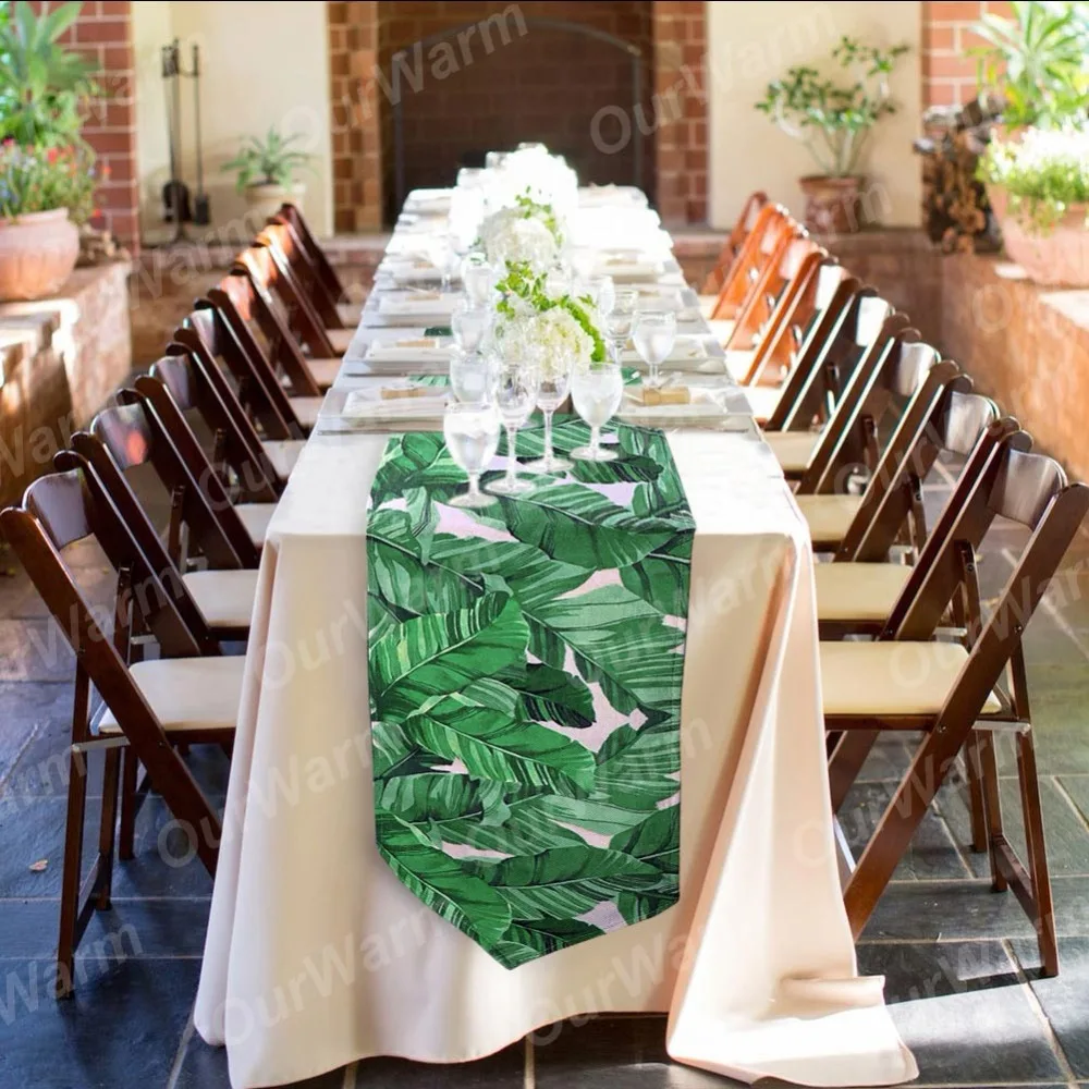 Us 12 25 35 Off Ourwarm 30x220cm Cotton Linen Table Runners For Wedding Digital Print Green Banana Leaf Cover Hawaiian Party Decorations In
